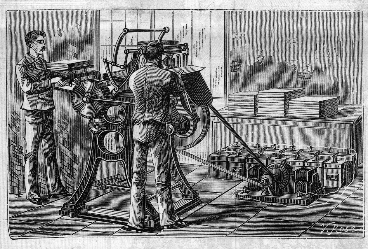 Faure pillerinin uygulanması: akümülatör tarafından çalıştırılan yazıcı. “” Le Monde Illustré” de gravür by Unknown artist