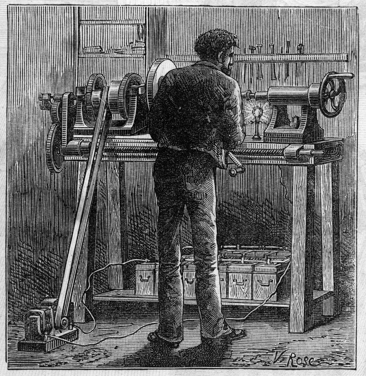 Faure pillerinin uygulanması: akümülatörden güç alan bir zanaatkarın dönüşü. “” Le Monde Illustré” de gravür by Unknown artist