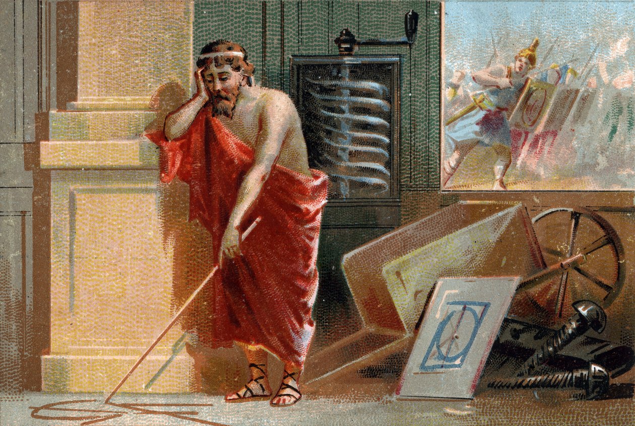 Siraküzalı Arşimet (MÖ 287-212) yere geometrik şekiller çiziyor, kısa süre sonra sahnenin dibinde Romalı askerler tarafından durduruluyor. Atölyesinde çeşitli icatları fark edilebilir: vida ve el arabası. 19. yüzyılın kromolitografisi by Unknown artist