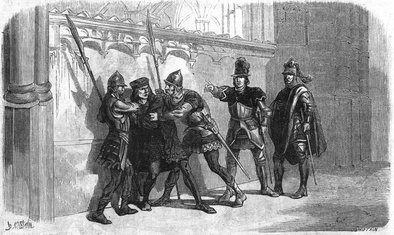 XI. Louis döneminde Rubempre piçinin tutuklanması. 19. yüzyılın gravürü. by Unknown artist