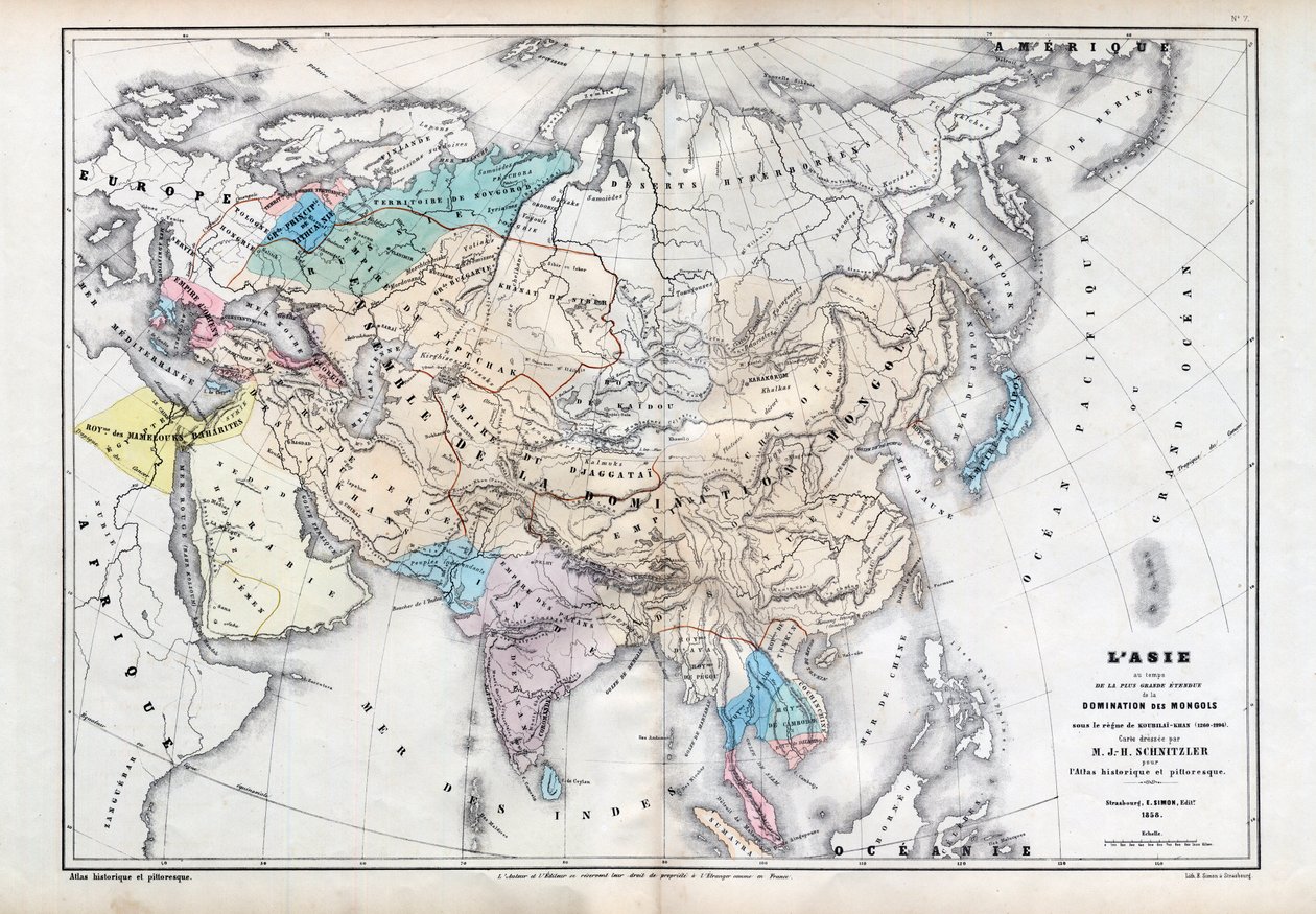 Qubilai (Kubilai Khan) (1260-1294) yönetimi altında Moğol egemenliğinin en geniş olduğu dönemde Asya - M J-H Schnitzler tarafından hazırlanan Harita, Tarihsel ve Pitoresk Atlas 1857 by Unknown artist