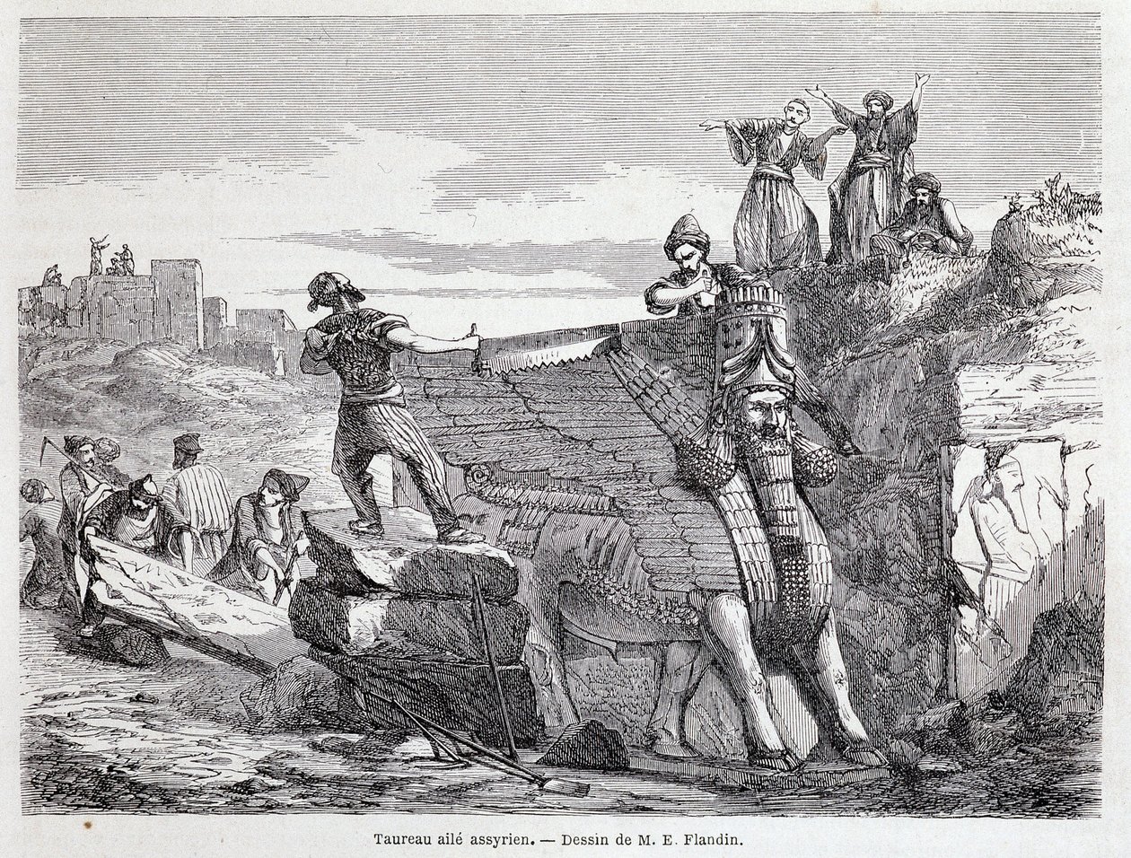 Nineveh bölgesinde Asur kanatlı boğa - “” Tour du monde”” 1. sem. 1863. by Unknown artist