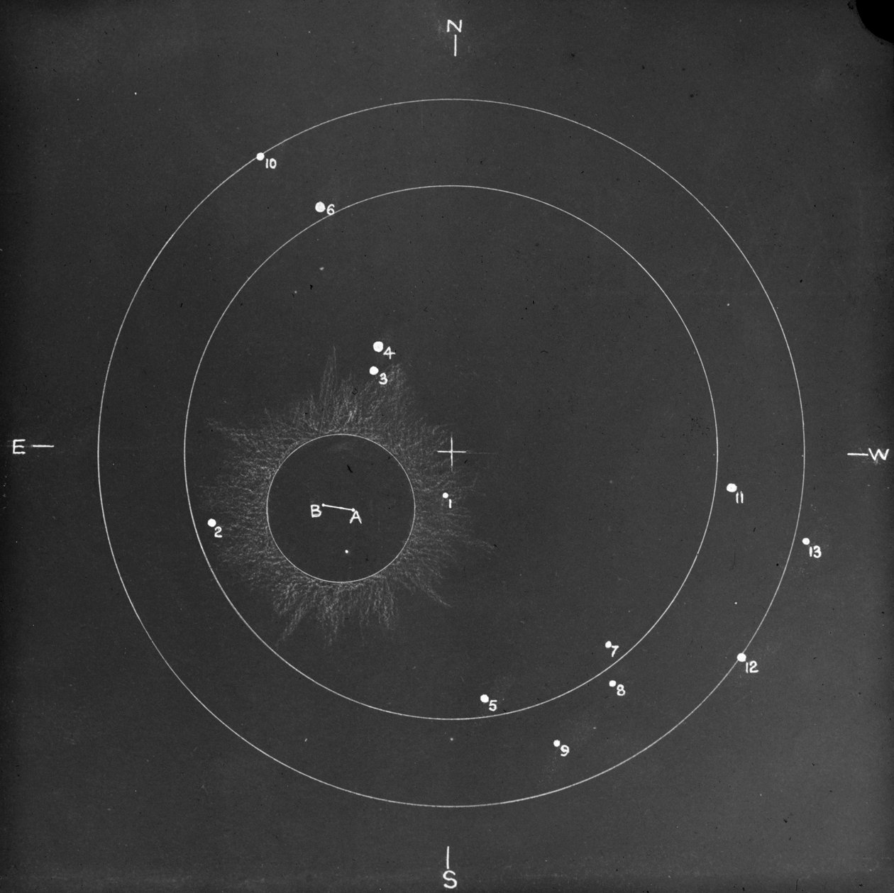 Tam güneş tutulması sırasında yıldızların konumunu gösteren astronomik cam levha diyagramı (cam negatif) by Unknown Artist