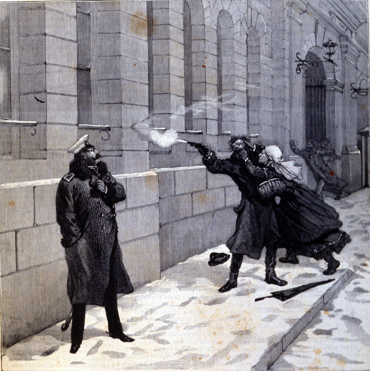 1879'da St. Petersburg'da Çar II. Aleksandr'a (1818 - 1881) yönelik saldırı. 19. yüzyılın gravürü by Unknown artist