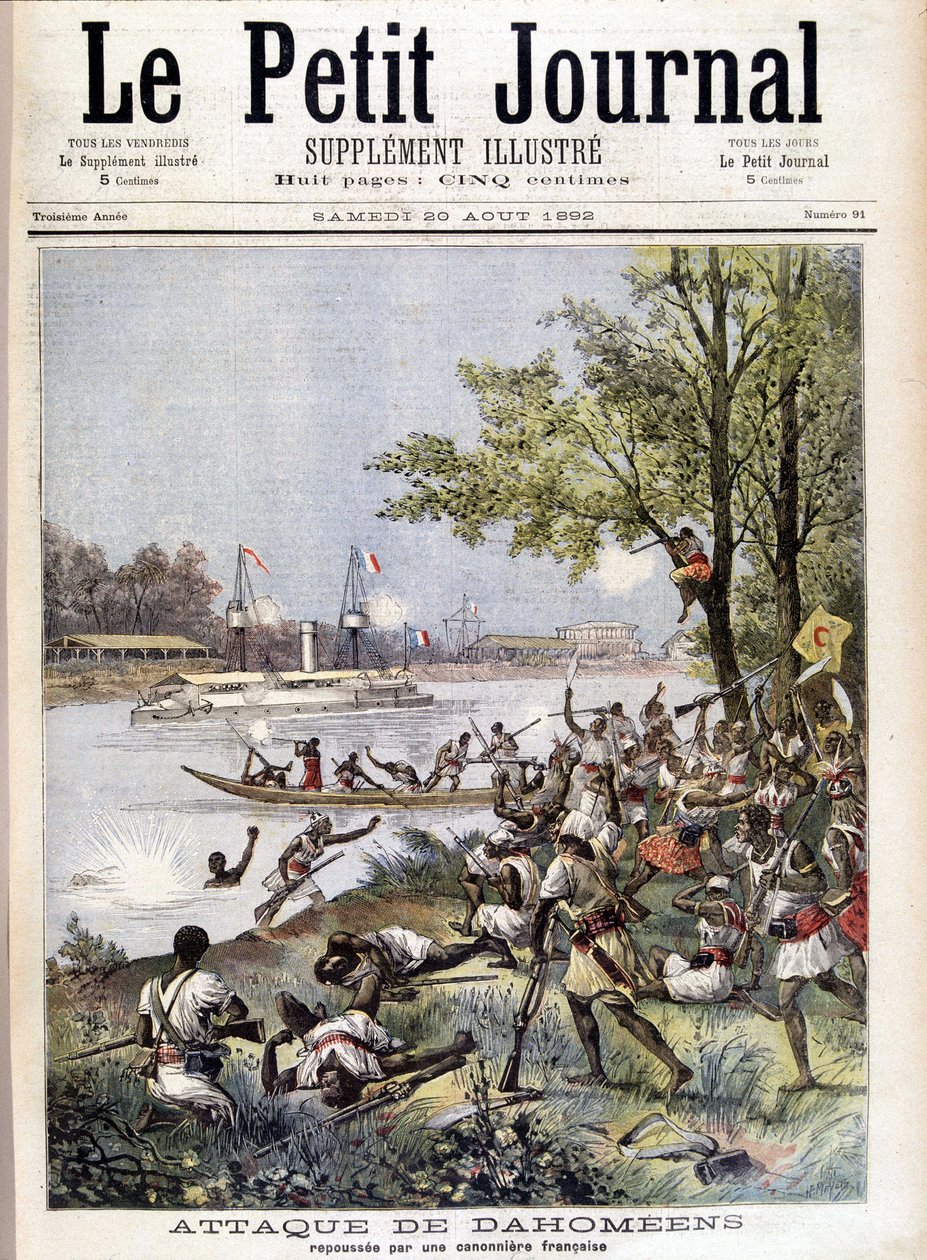 20/08/1892 tarihli “” Le Petité Journal” da bir Fransız gambotu tarafından püskürtülen Dahoméans saldırısı by Unknown artist