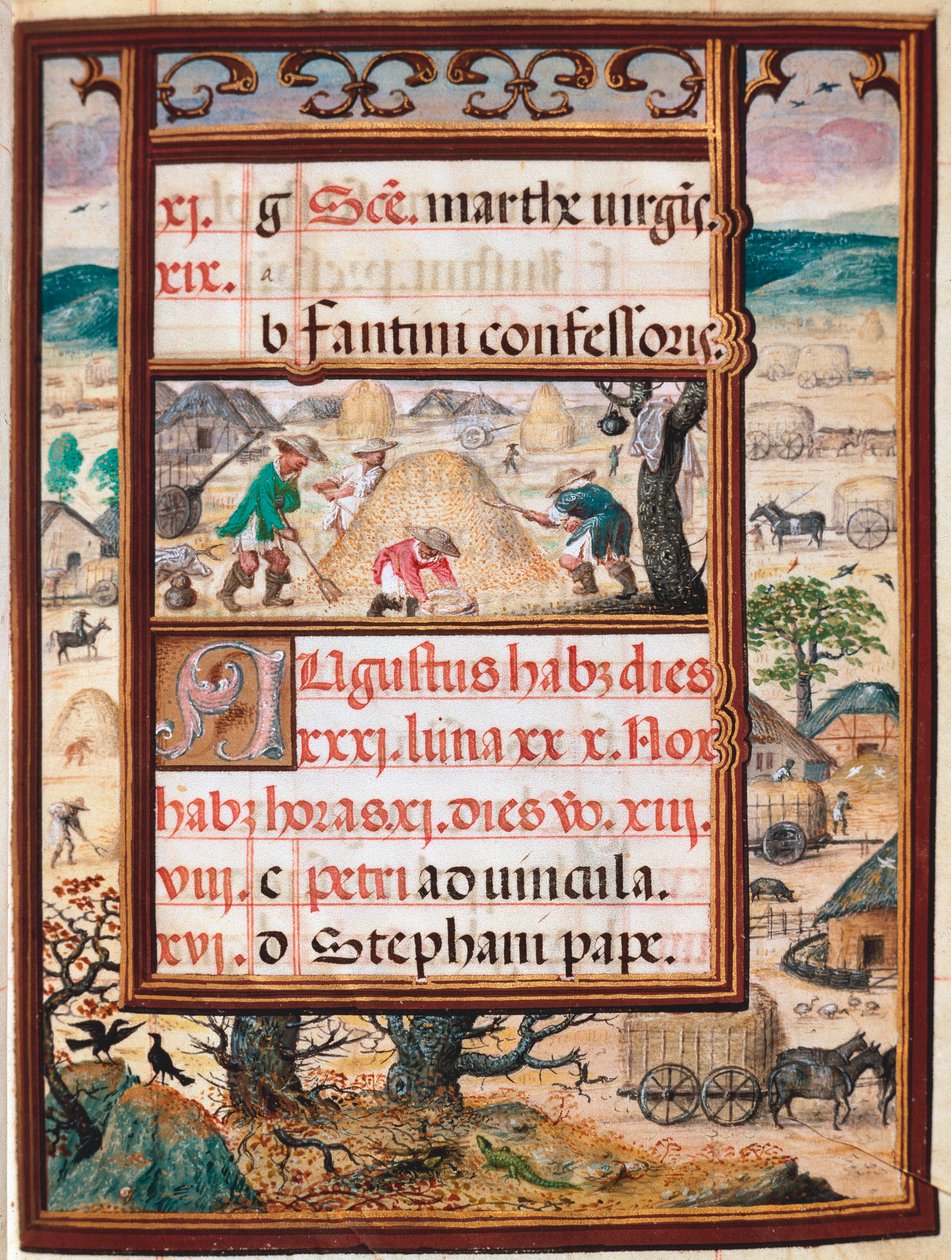 Ağustos. Köylüler iş başında. Manuel I. Portekiz (1469-1521) 1517 tarafından yazılan “Saatler Kitabı” el yazmasının sayfası. Lizbon, Museo di Arte Antica by Unknown artist