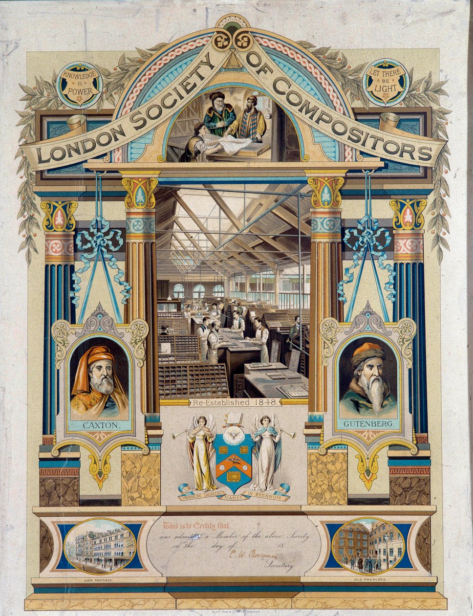 Londra Klavistler Derneği tarafından verilen clavist (baskı operatörü) imza sertifikası. Johannes Gutenberg ve Willima Caxton
