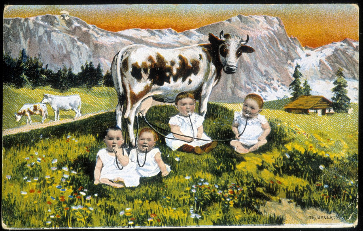 Bebekler borularla inatçı bir inek - Kartpostal, 19. yüzyılın sonları by Unknown artist