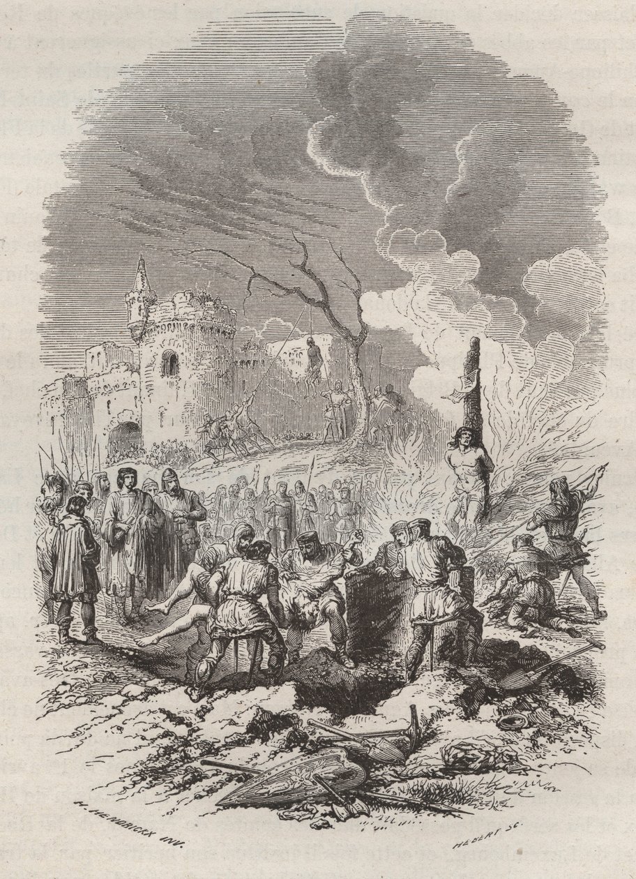 Baldwin V, Flanders Kontu (1012-1067) eyaletlerinde polisi yeniden kuruyor - Theodore Juste (1818-1888) tarafından yazılan “İlkel zamanlardan I. Leopold saltanatının sonuna kadar Belçika Tarihi”nde 1868 gravürü - Özel Toplamak by Unknown artist