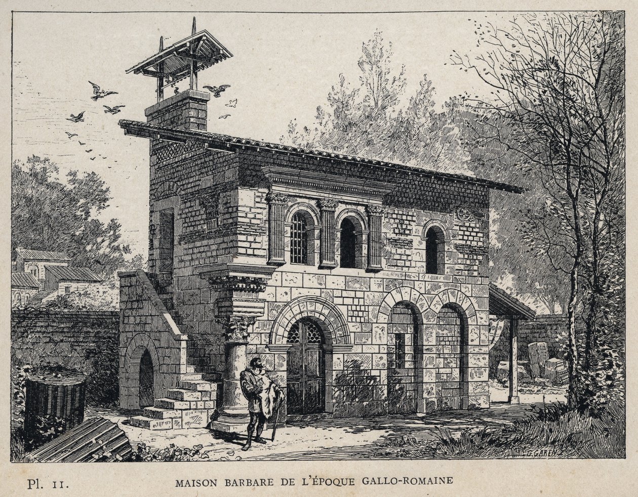 Gallo Roma döneminin Barbar Evi (Gallo-Roma) - (Barbar Evi Gallo Roma dönemi) 1889 gravürü "1889 Evrensel Sergisinde insan yerleşiminin tarihi, Bay Charles GARNIER tarafından - Librairie centrale des beaux-arts Paris 1889 by Unknown artist