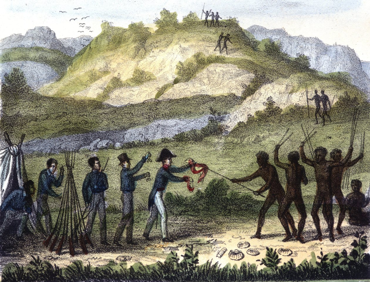 19. yüzyılın başlarında “” Razze e popoli della Terra”dan sonra yerliler ve batılılar arasındaki takas sahnesi. by Unknown artist
