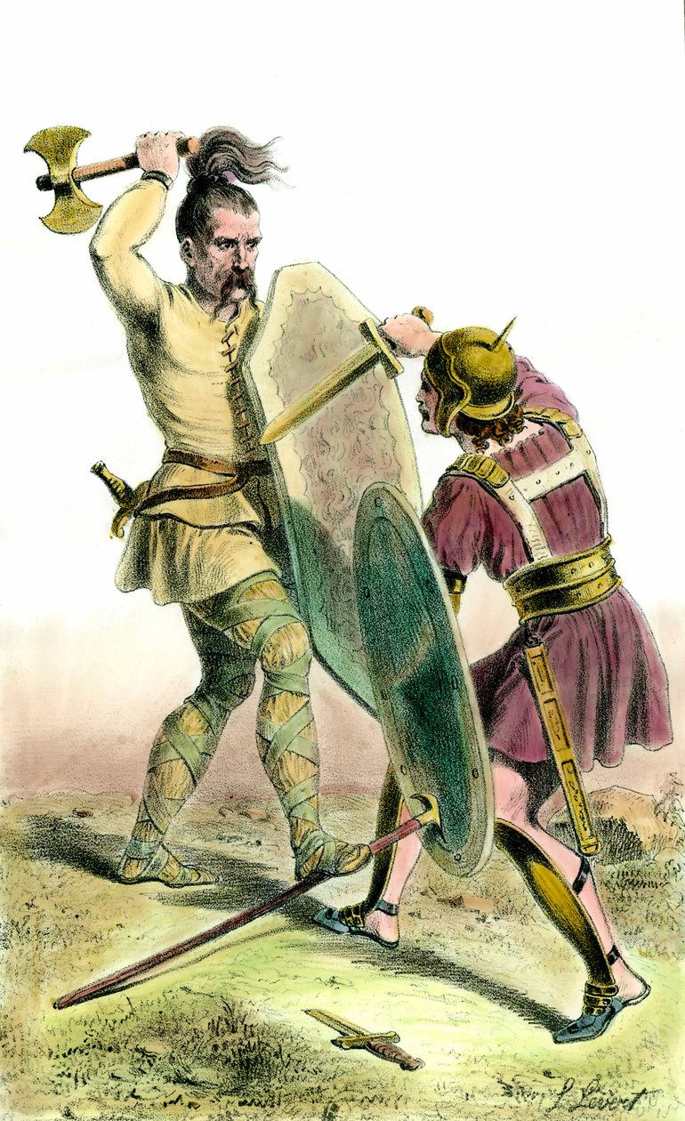 Bir Fransız askeri ile bir Romalı asker arasındaki savaş. 19. yüzyıl gravür özel koleksiyonu by Unknown artist