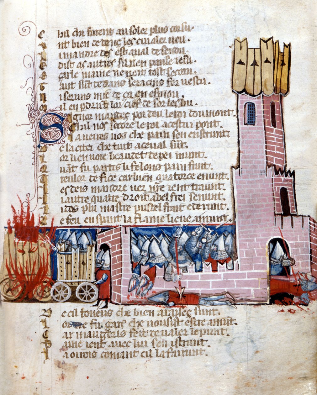 Bir kalede savaş. Tanklar yanıyor. 13. yüzyıldan kalma el yazması. Marciana Venedik. by Unknown artist