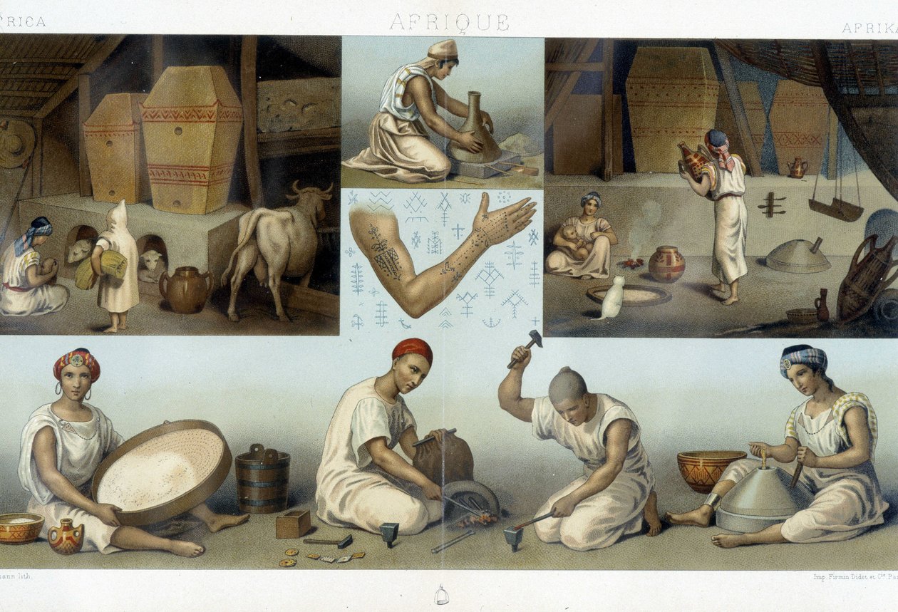 Berberler Kabyles: bir evin içi Kabyle - endüstri - dövmeler - Racinet tarafından “” Le kostüm tarihi”nde by Unknown artist