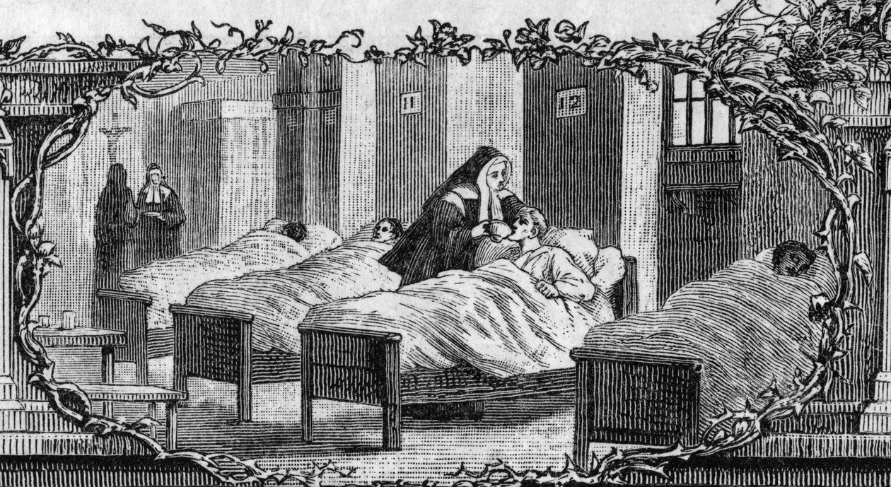 Bernadette Soubirous (1844-1879) hastalara bakan bir rahibe elbisesi içinde. by Unknown artist