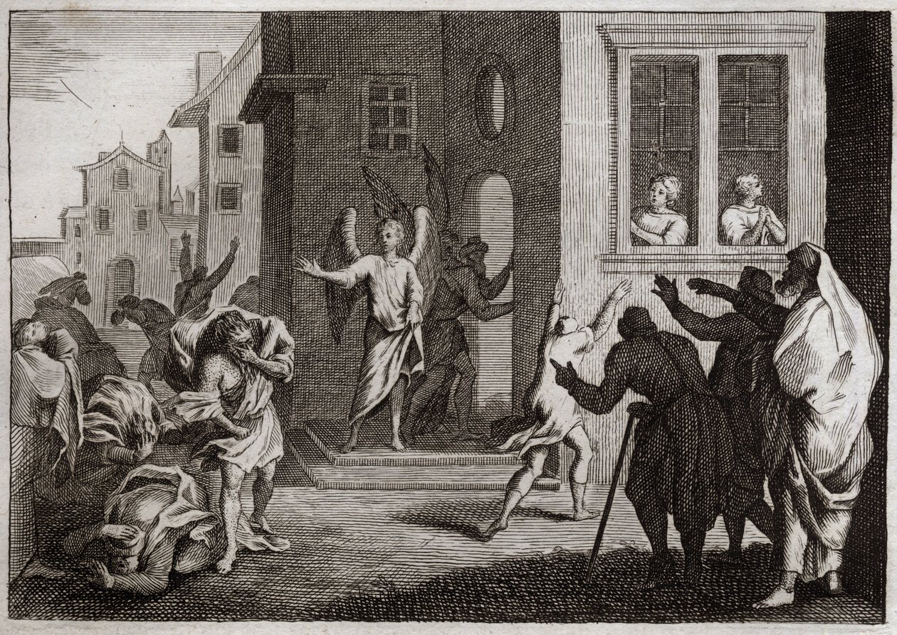 Royaumont İncili, Eski Ahit: Sodomitlerin Suçları. Loth melekleri evine kabul eder. Sodomitler (Sodom) onlara şiddet uygulamak ister. Melekler onlara körü körüne vurur. 1811