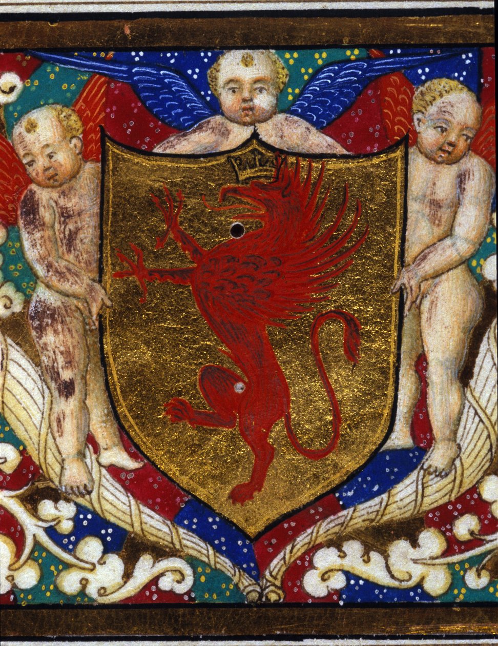 Blazon altın arka planda bir grifon tacı süslüyor. Minyatür detayı. by Unknown artist