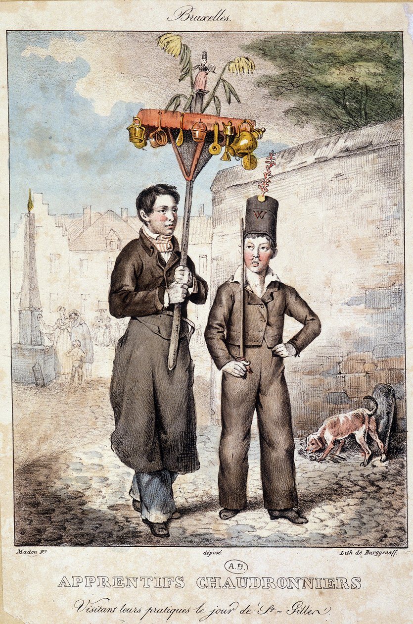 St Gillen (Brüksel) gününde atölyelerini ziyaret eden kazan üreticileri çırakları - Litografi, deb. 19. yüzyıl by Unknown artist