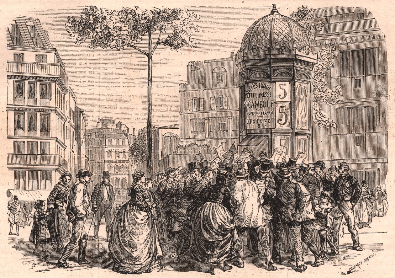 Paris'te Boulevard Pigalle: Gazetelerin satışı sırasında Morris sütununun etrafındaki Parisli kalabalık by Unknown