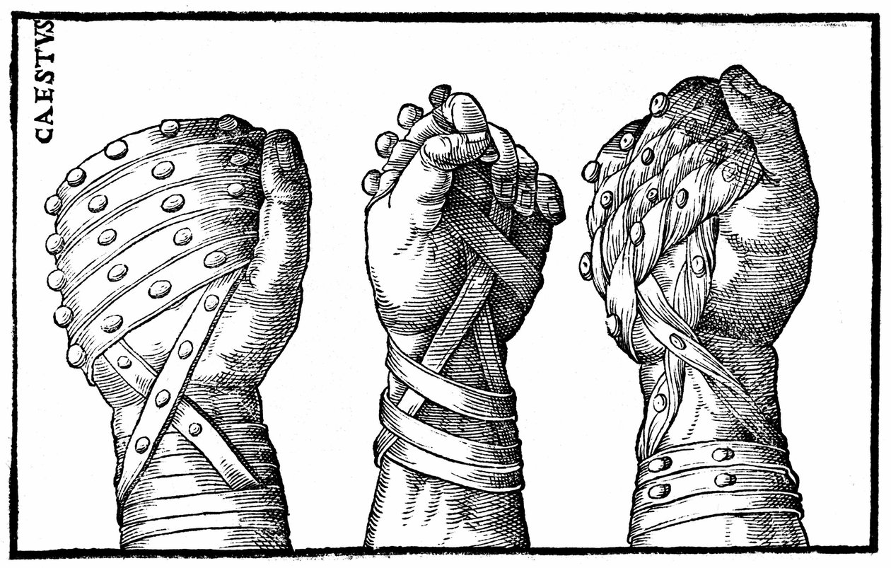 Romalı güreşçiler için boks eldivenleri - “” Hieronymi mercurialis de Gymnastica””, Venedik baskısında by Unknown artist