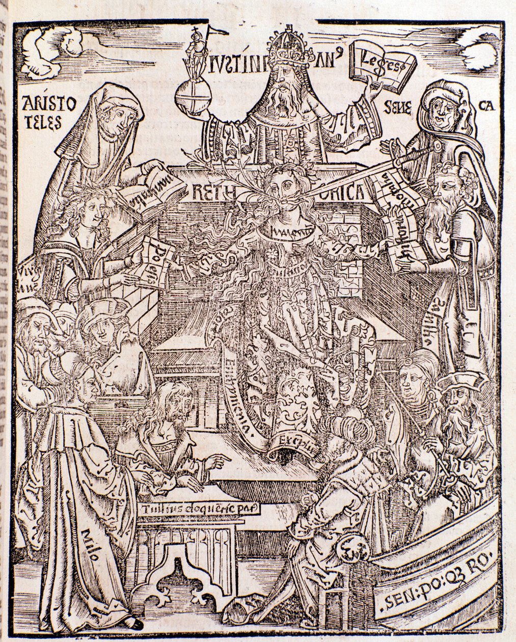 Aristoteles (sol üstte) tarafından temsil edilen bilgi dalları, Doğa Felsefesini, Seneca sağda Ahlak Felsefesini, İmparator Justinian