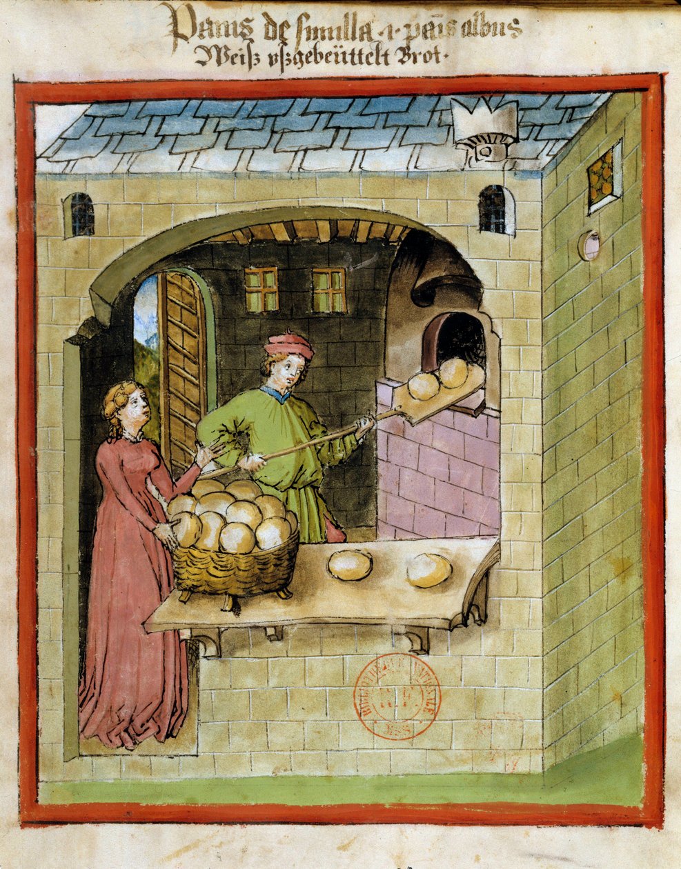 Ekmek yapımı: Bir fırıncı somunları pişirir. İlaç ve diyetetik sağımlarından aydınlatma “” Tacuinum sanitatis”” by Unknown artist