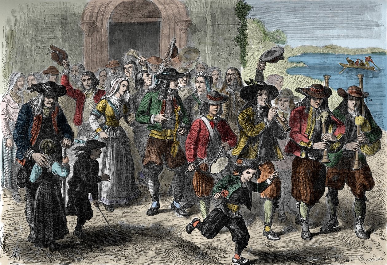 Breton geleneği: Kilisenin çıkışında birkaç genç evlilik. Kortejin en üstünde biniou ve davulcular var. Treguennec, Finistere (29) by Unknown artist