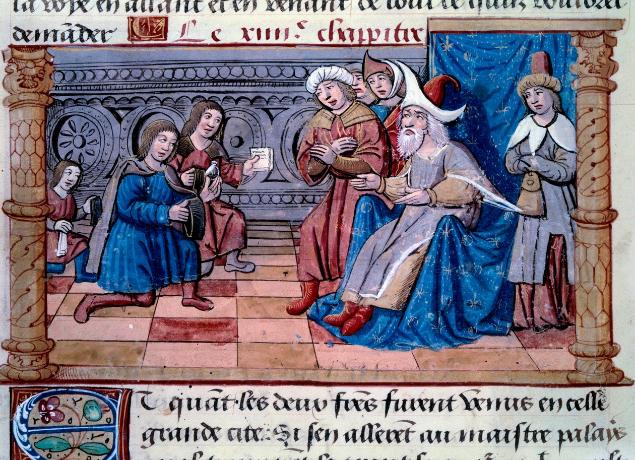Kardeşler Nicolo ve Matteo Polo, genç Marco Polo'nun (1254-1324) babası ve amcası Büyük Kubilay'ın (Moğol Yuan hanedanının (1215-1294) ilk imparatoru Kubilai Han, 1271'de Moğol imparatoru) mahkemesinde kabul edildi. Minyatür "'den alın by Unknown artist