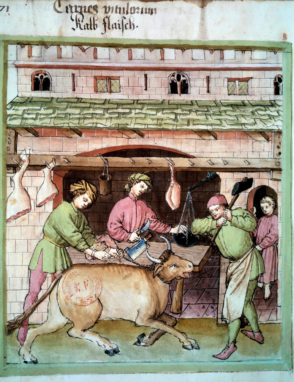 Kasaplık: Bir öküzün kesilmesi. İlaç ve diyetetik sağımlarından aydınlatma “” Tacuinum sanitatis”” by Unknown artist