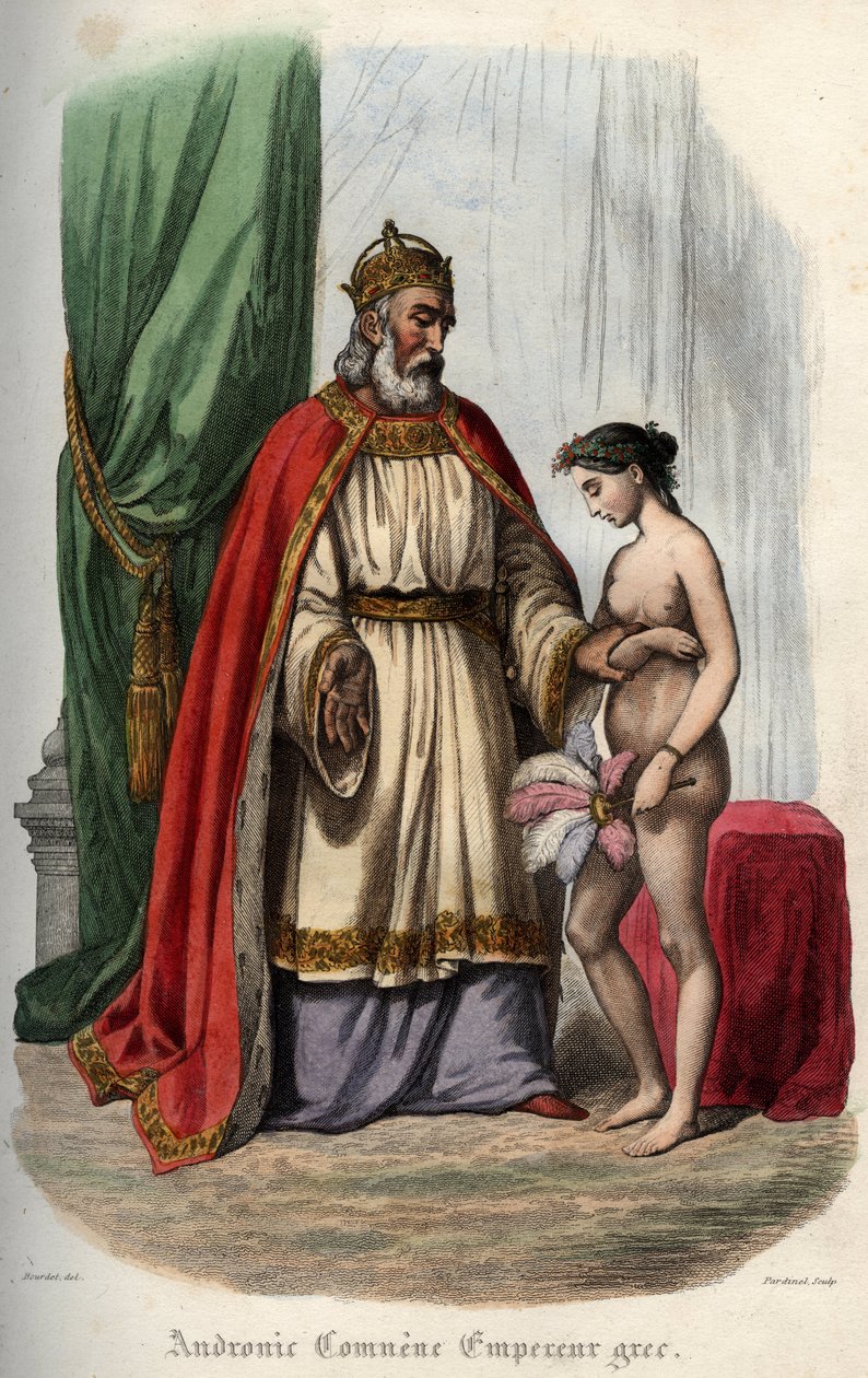 Bizans imparatoru Andronikos I Komnenos (veya Andronicus I Comnenus (c. 1118-1185) (Andronic I Comnene) ve seks partisi için çıplak görünmeye zorlanan eşi Fransız Agnes (1171-1240). papalar”” Maurice Lachatre tarafından. by Unknown artist