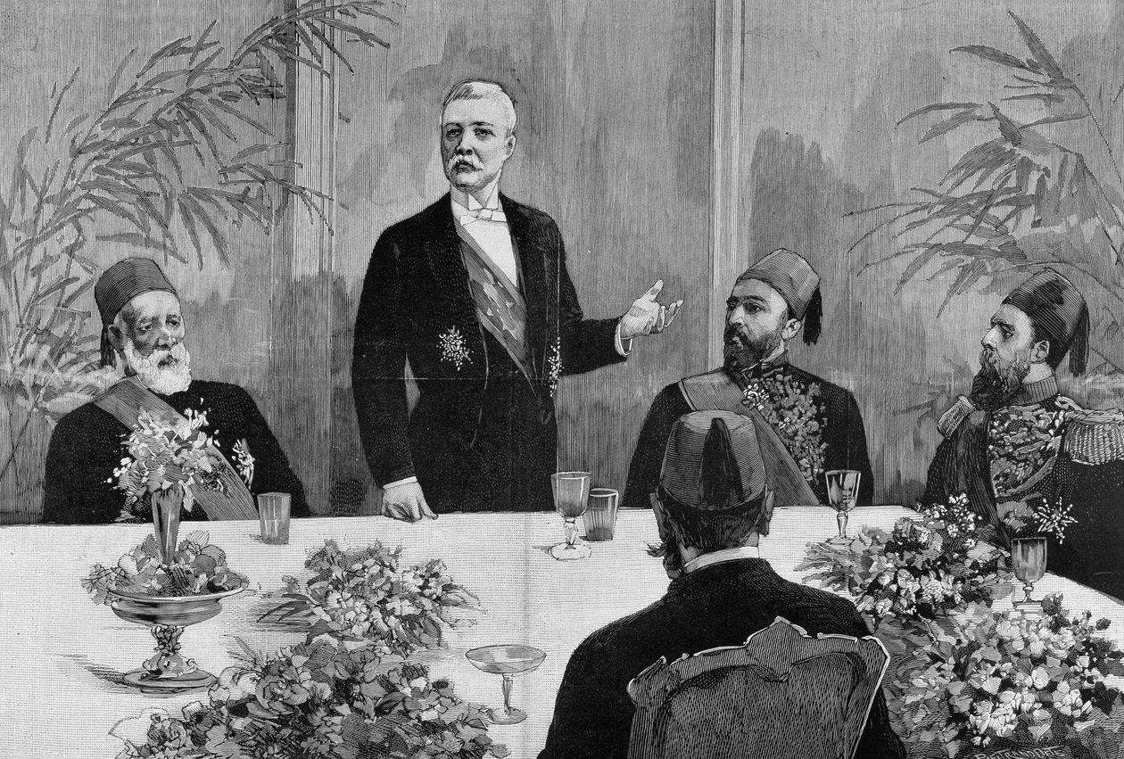 Kahire: Stanley (Sir Henry Morton) (1841 - 1904) ziyafetinde bir konuşma yapıyor. 19. yüzyılın gravürü. by Unknown artist