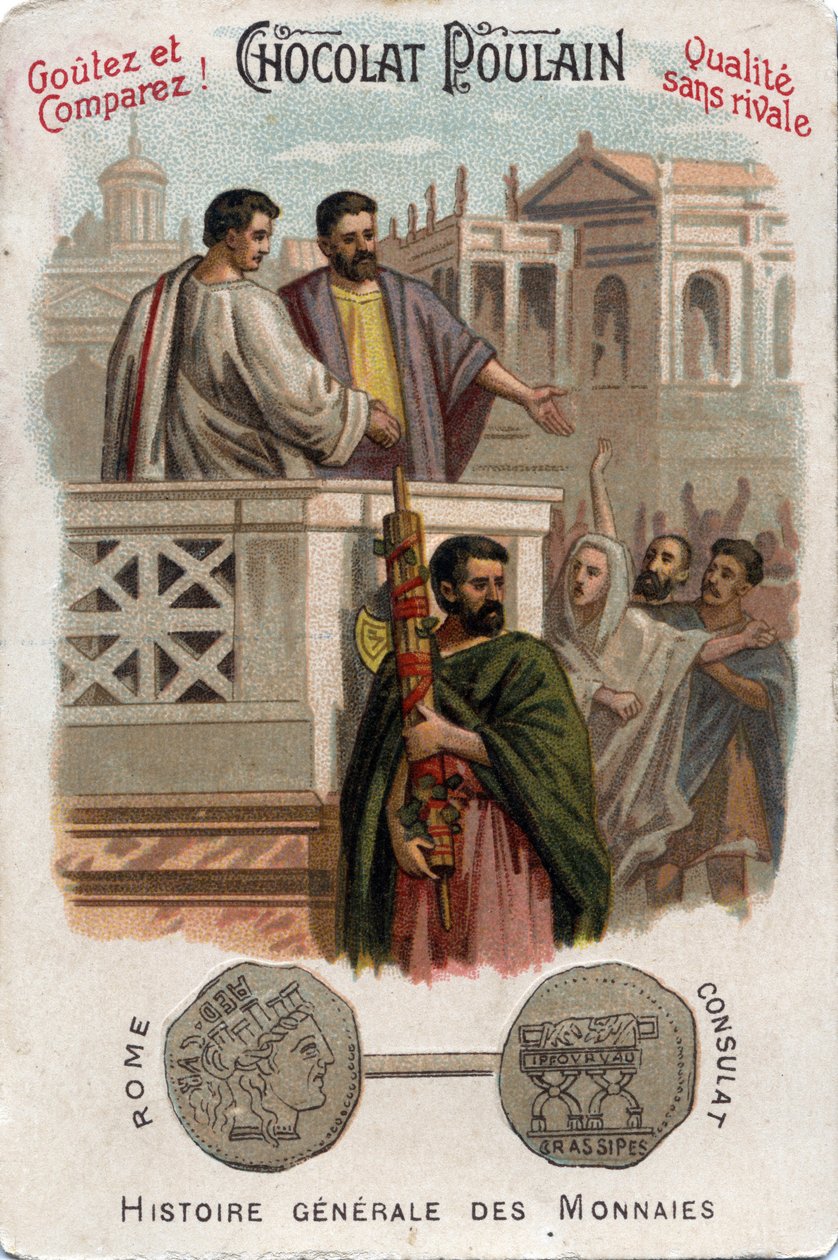 Caius Licinius Calvus Stolon, konsolosluğa erişim sağlayarak Pleblerin siyasi iktidara gelmesine katkıda bulunuyor. Sikkelerin Genel Tarihinde. 19. yüzyılın sonlarına ait çikolata-tay kromolitografisi. Özel koleksiyon. by Unknown artist