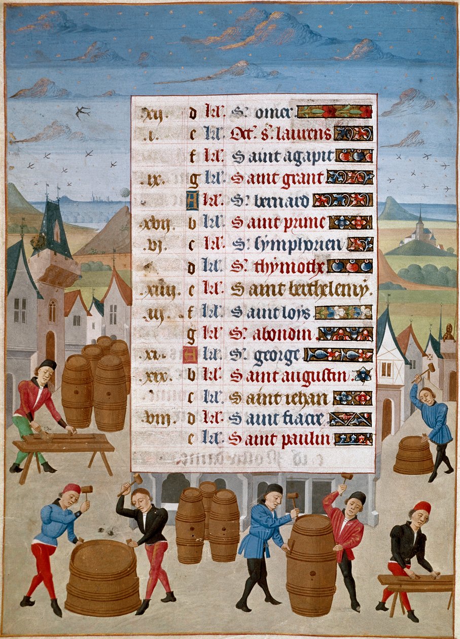Takvim: Ağustos - Şarap fıçılarının imalatı - “The Hours of Savoy of Savoy, Burgundy Düşesi”nden Usta Jean de Rolin (15. yüzyıl) minyatürü 1460-1465 Chantilly, Musee Conde by Unknown artist