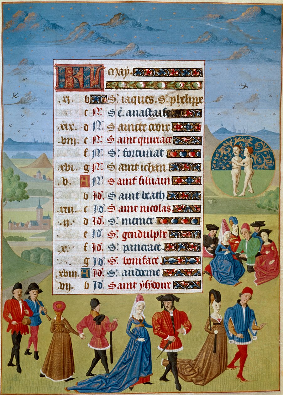 Takvim: Mayıs ayı, danslar ve oyunlar - “Savoy Adelaide Saatleri, Burgonya Düşesi” el yazmasından Jean Rolin Ustasının Minyatür 1460-1465 Chantilly, Musee Conde by Unknown artist