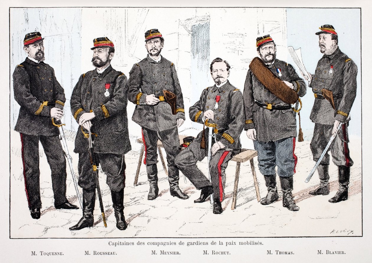 Harekete geçirilmiş barışı koruma birliklerinin kaptanları, soldan sağa: Mr.Toquenne, Mr.Rousseau, Mr.Mennier, Mr.Rochut, Mr.Thomas, Mr.Blavier. Renklerle gravür, resimleme için “Barış Muhafızları Kolordu Tarihi””” kitabı altında yayınlandı. by Unknown artist