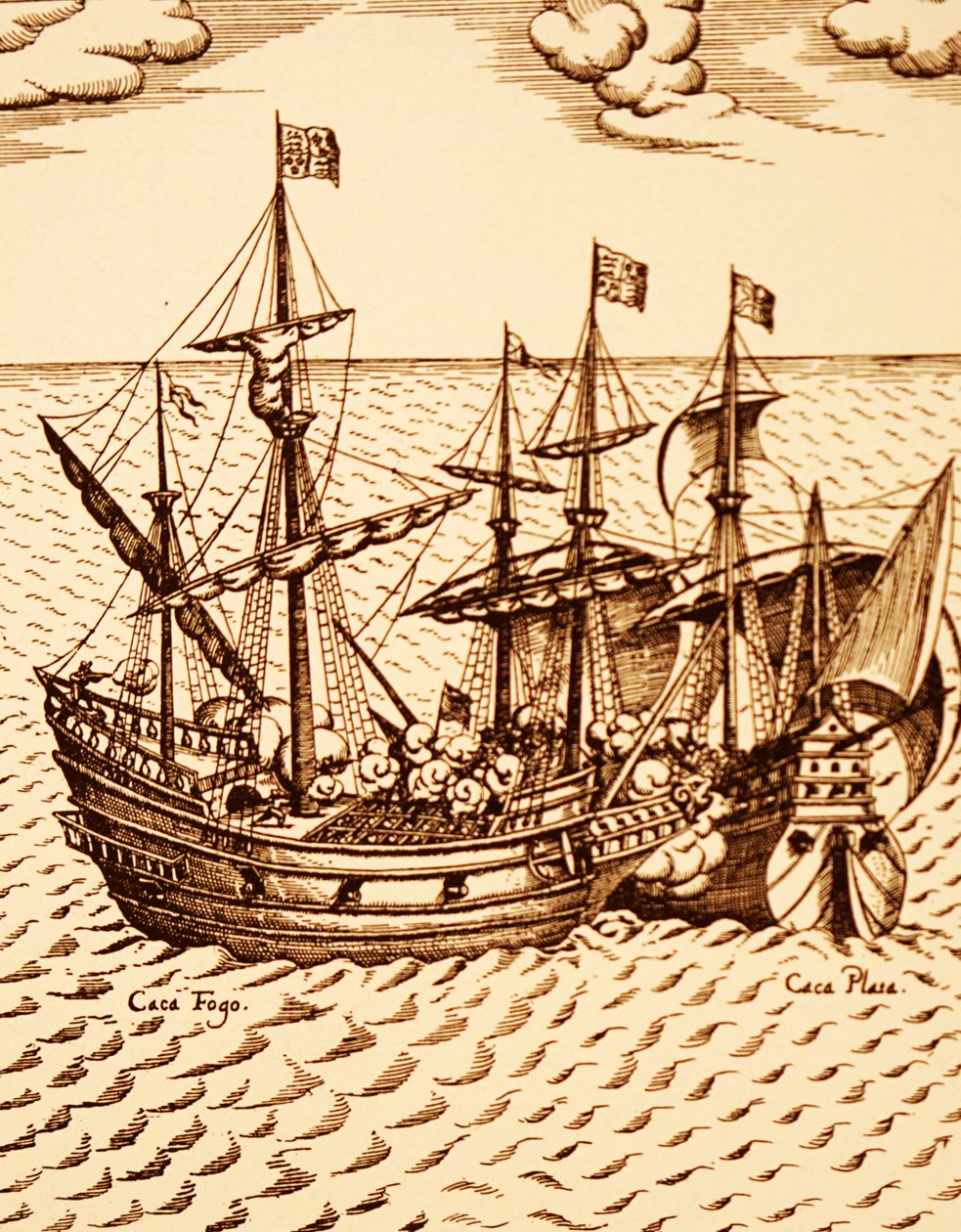 Mart 1579'da Francis Drake liderliğindeki Golden Hind tarafından İspanyol kalyonu Cagafuego'nun ele geçirilmesi (gravür) by Unknown artist
