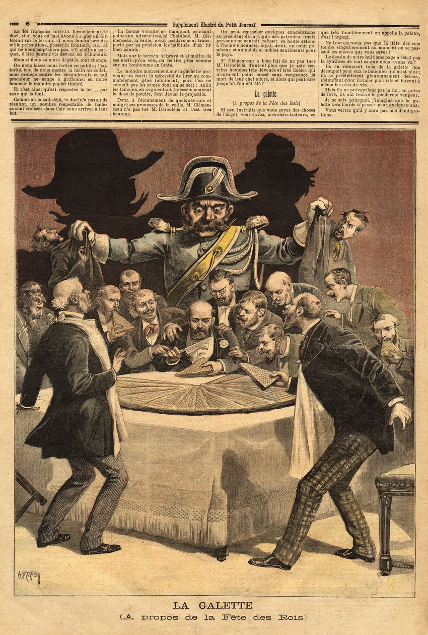 Bankacının pastayı kestiği krallar şölenini anlatan karikatür illüstrasyonu “la galette”, herkes pay sahibi olmayı hızlandırdı ve ateş yerine jandarmayı buldu. “” Le petit Journal”da gravür” 01.07.1893. Selva