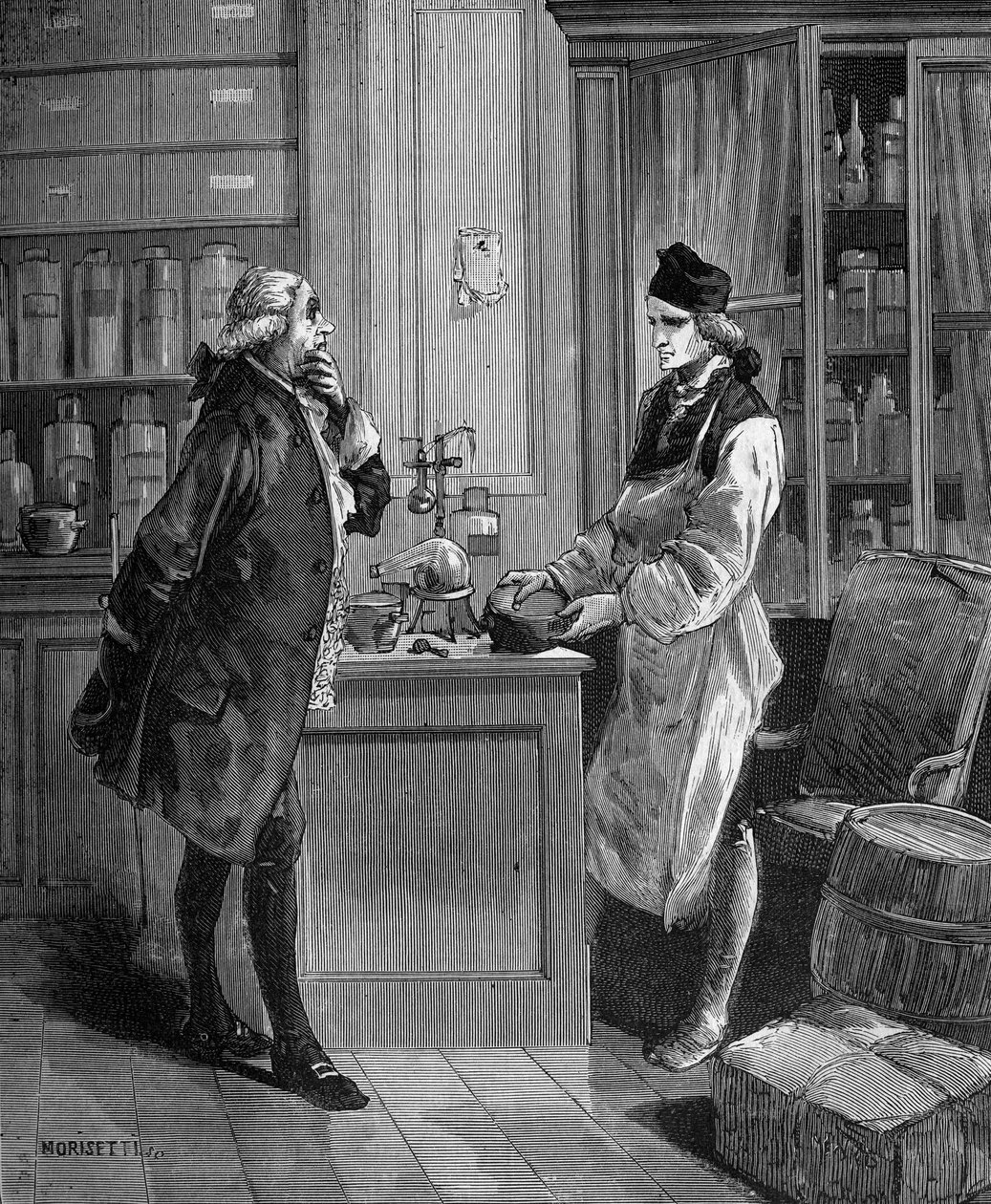 Carl William (Guillaume) Scheele (1742 -1788), İsveçli kimyager Tobern Bergmann 1735-1784 kimyager ile laboratuvarında. by Unknown artist
