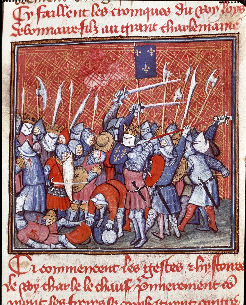 Karolenj hanedanı: “” Karolenj kralı II. Charles bir savaş sırasında kel diyor (823-877)”” Minyatür “” Les grandes Chronicles de France””” 14. yüzyıl Chantilly, Musee Conde by Unknown artist