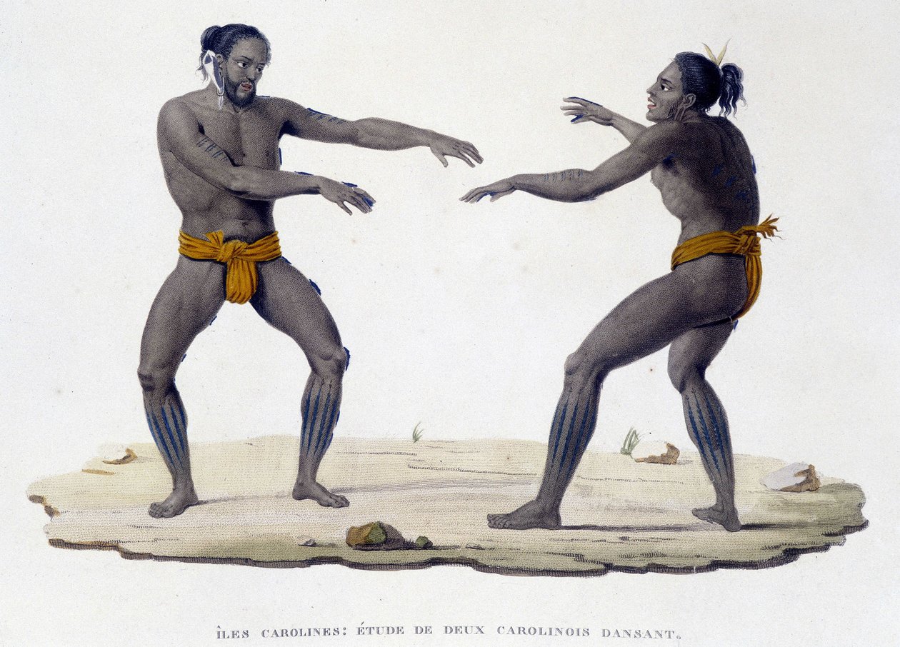 Carolinian erkekleri dans ediyor (Carolinian Adaları, Okyanusya). by Unknown artist