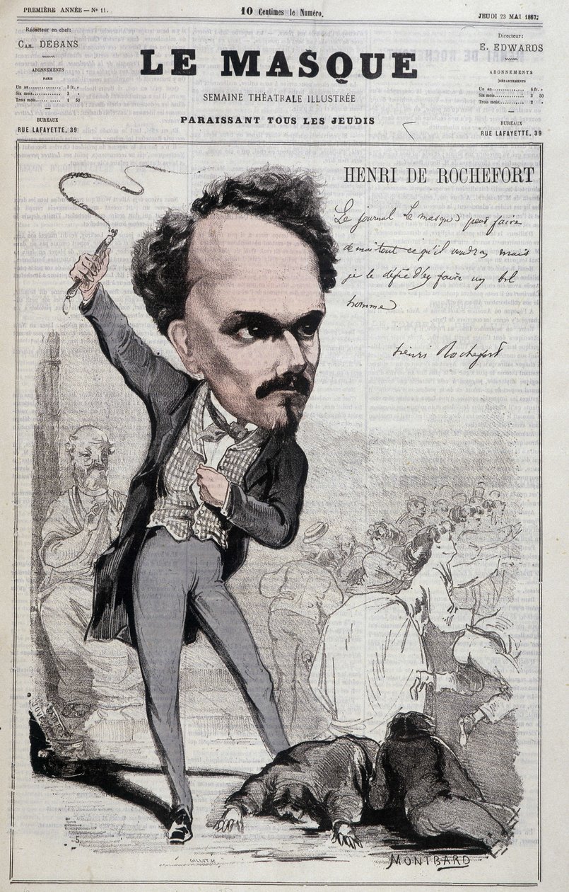Henri de Rochefort (1831-1913) tarafından çizilen karikatür, cumhuriyetçi tutumları daha da kötüleştiren Fransız gazeteci ve politikacı. 1867 tarihli “Le Masque” da by Unknown artist