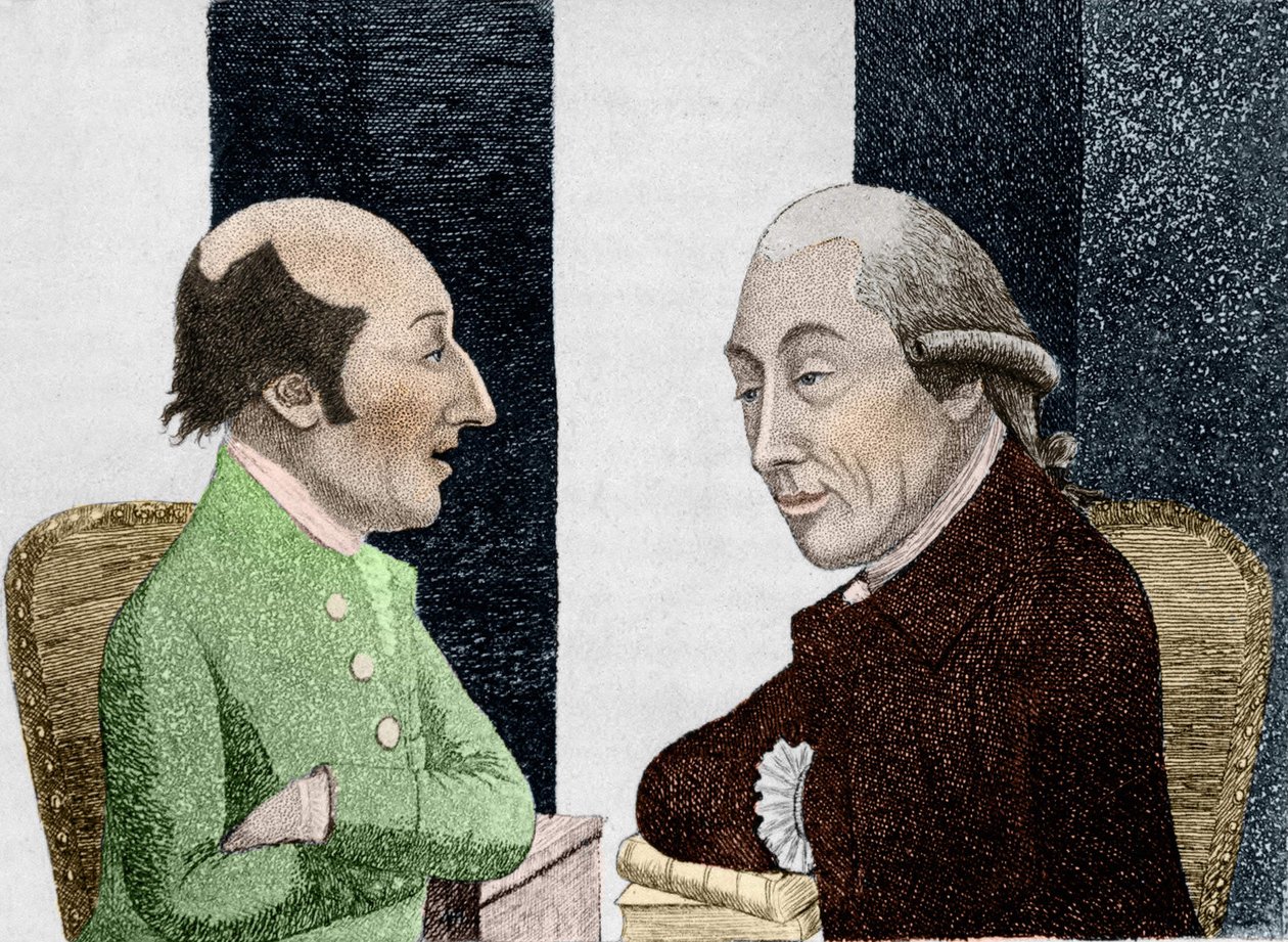 Solda James Hutton (1726 - 1797) ve sağda Joseph Black (1728 - 1799) tarafından çizilen karikatür 19. yüzyılın başlarında gravür by Unknown artist