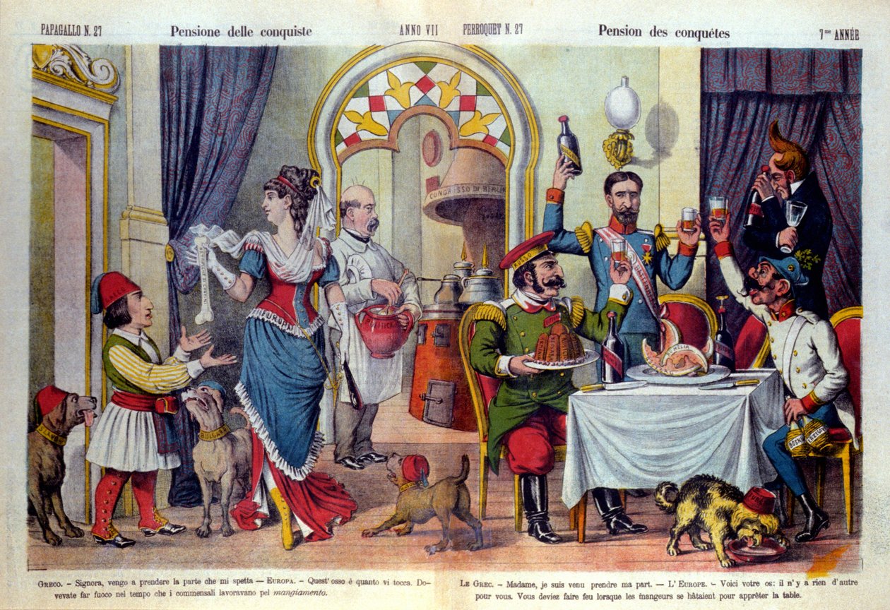 İtalyan “Le Parroquet” (il Pappagallo) gazetesinin 1878 Berlin Kongresi (Congresso di Berlino) (Diplomatik Konferans) konulu karikatürü. Berlin kongresi Rusya'nın Türkiye'ye yönelik adaletsizliğini gözden geçirmek için yapıldı: Türkler harbi kabul  by Unknown artist
