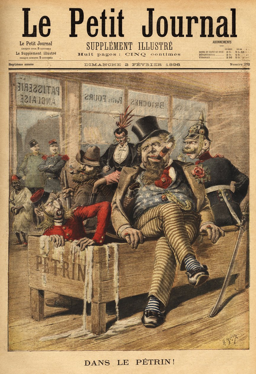 İngiltere üzerine karikatür: Fransız ve Rus, bir İngiliz pastanesinin girişinde, Alman müttefiki ile Petrin