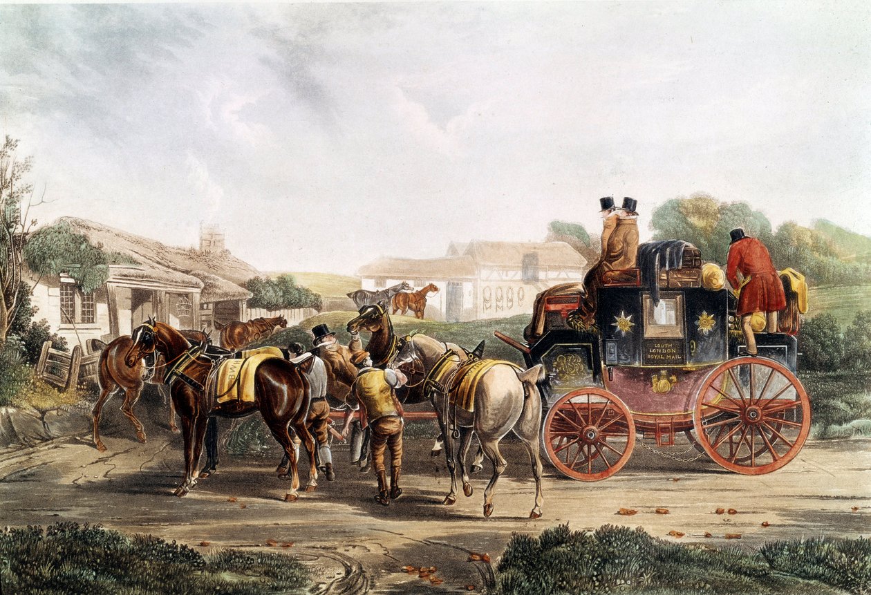 Koç tarafından bir yolculuk sırasında handa aksama değişikliği. İngilizce gravür. 19. yüzyıl Özel koleksiyon by Unknown artist