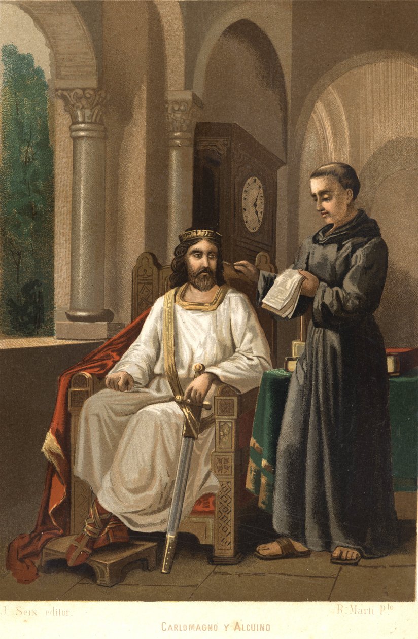 Charlemagne (747-814), Frankların Kralı ve Batı İmparatoru ve Alcuin (yaklaşık 781). Louis Figuier