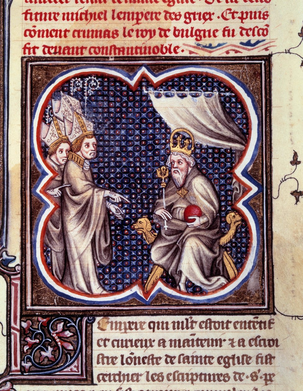 Charlemagne ve eveques. Minyatür “” Grandes Chronicles de France. Grandes Chronicles de France, Charles V” (folio 102), yaklaşık 1375-1380. BN, Paris by Unknown artist