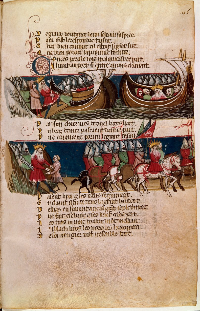 Charlemagne bir gemiye biner ve aşağıdan fetihleri sırasında ordusuna rehberlik eder (Minyatür). by Unknown artist