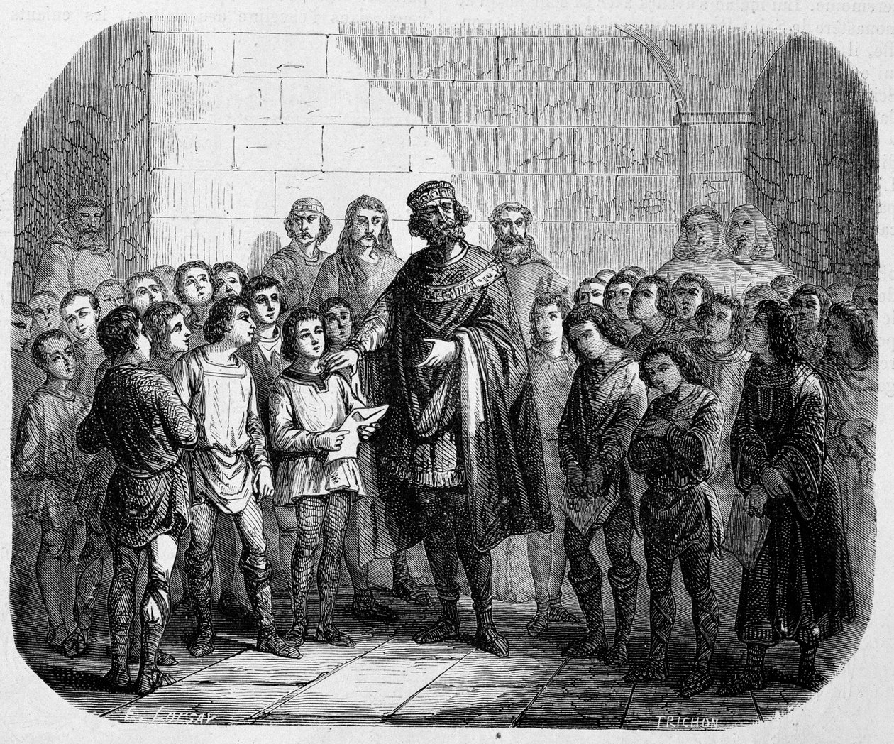 Charlemagne bir okulu ziyaret ediyor - Maurice Lachatre tarafından “” Papaların, Kralların, Kraliçelerin, İmparatorların Yüzyıllar Boyunca Tarihinde by Unknown artist