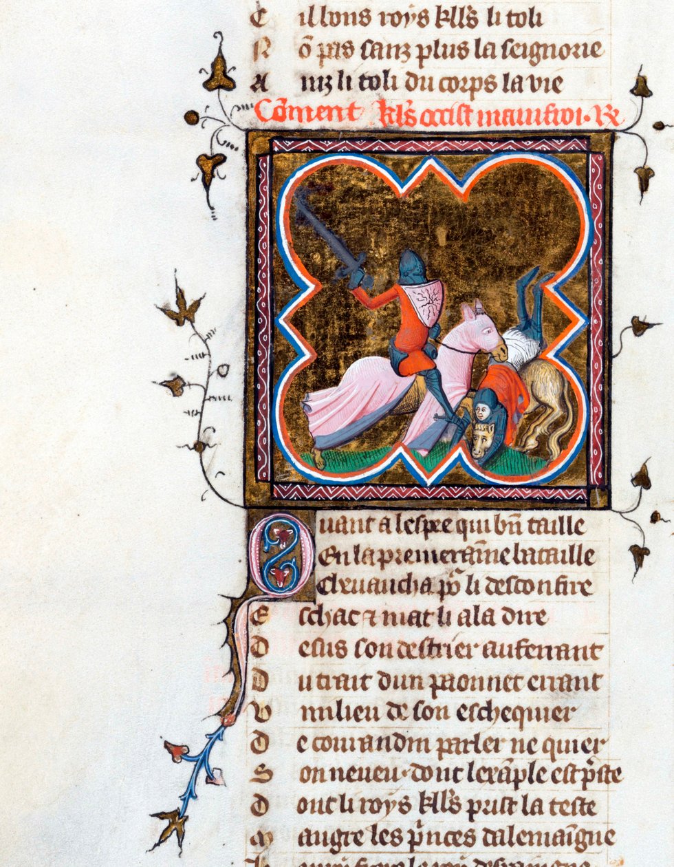 ""zırhlı şövalye"" Guillaume de Lorris (yaklaşık 1200-1238) ve Jean de Meun (Meung) (1240-1305) tarafından 1353 dolaylarında İsviçre Bibliotheque de Geneve tarafından yazılan "Le Roman de la Rose" el yazmasından ışıklı sayfa by Unknown artist